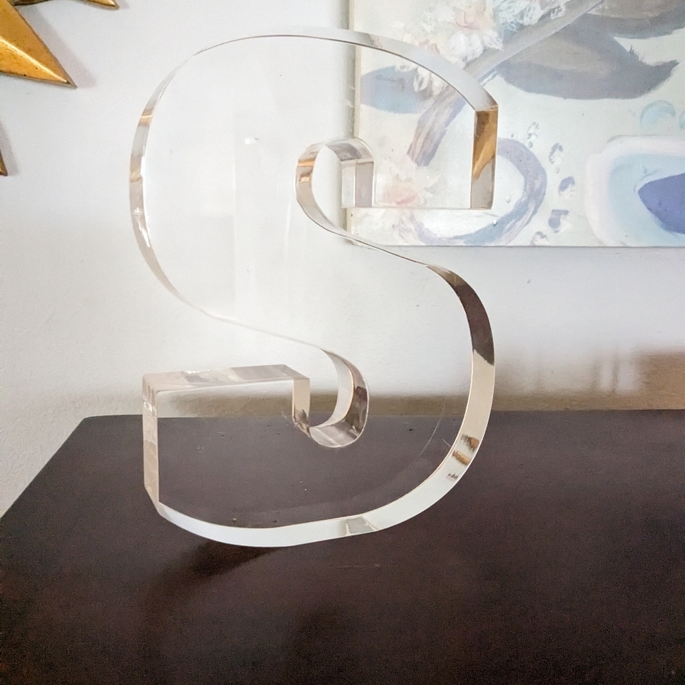 Acrylic "S" Letter Large Chunky Thick Lucite Desk Home Decor Clear 7 7/8 Tall